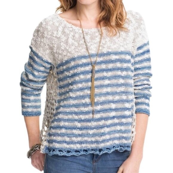 Free People Blue Cream Stripe Crochet Open Knit Sweater XS - Picture 1 of 9